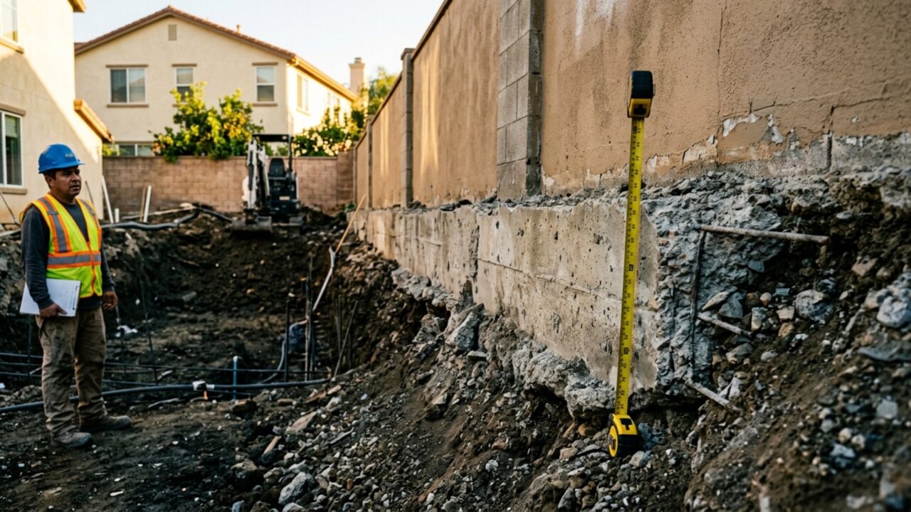 Vizinho começa a construir piscina junto à divisa e escavação deixa fundação da casa ao lado parcialmente exposta