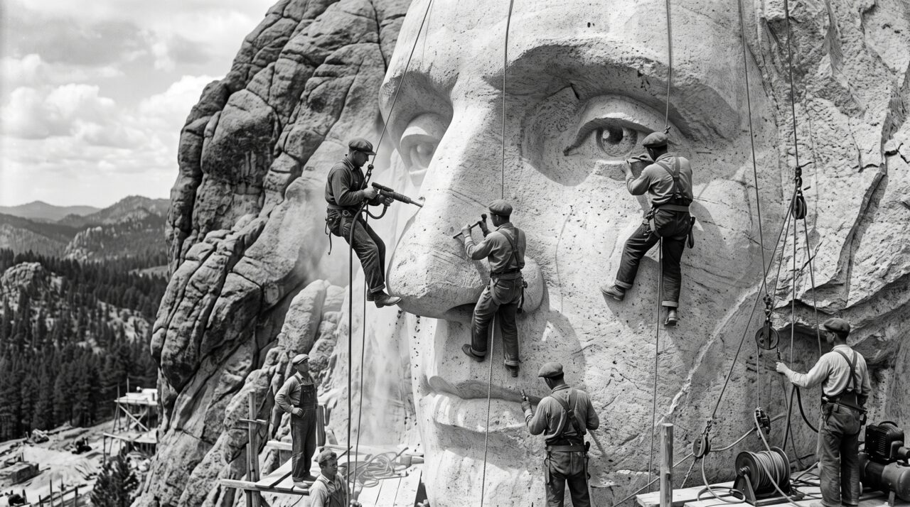 Mais de 90% do Monte Rushmore foi esculpido com dinamite entre 1927 e 1941, enquanto quase 400 trabalhadores desciam presos por cabos diante da montanha, e nenhum deles morreu durante os 14 anos de obra