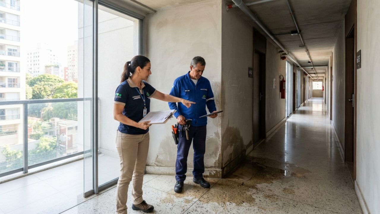 Morador tenta perfurar parede para instalar suporte articulado de TV pesada, acerta o cano de prumada principal do prédio, alaga três andares e seguro residencial recusa cobertura por imperícia