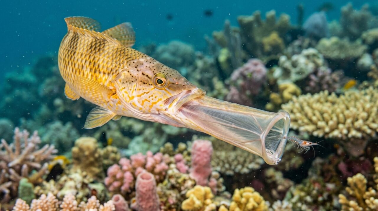 A projeção extrema da mandíbula do peixe-estilingue Epibulus insidiator para captura de presas