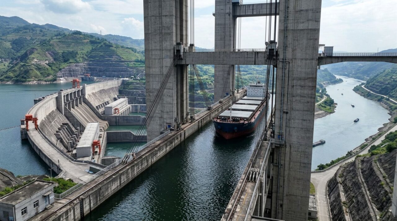 Às margens de outro grande rio chinês, uma estrutura com cerca de 1,5 quilômetro de extensão consegue elevar navios cargueiros por mais de 114 metros e completar toda a passagem em aproximadamente 32 minutos