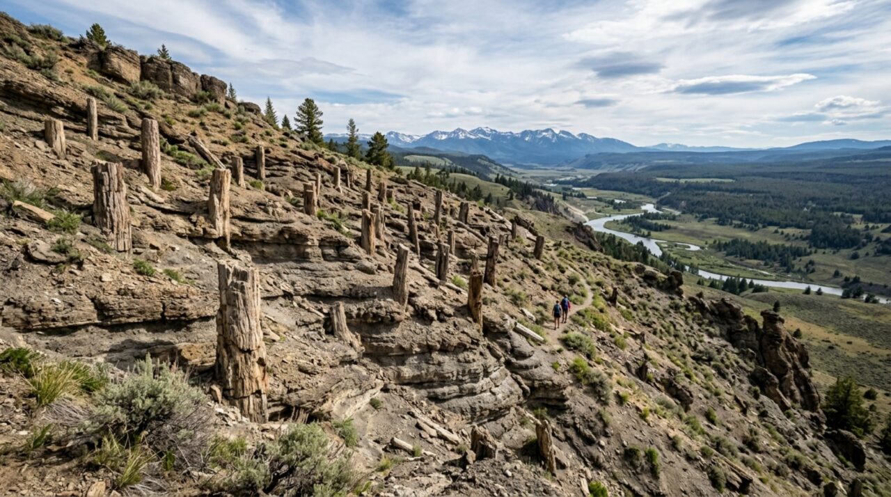 Em Yellowstone, pelo menos 27 florestas fossilizadas ficaram empilhadas umas sobre as outras, formadas quando sucessivos fluxos de lama vulcânica enterravam árvores e outra floresta crescia sobre a anterior