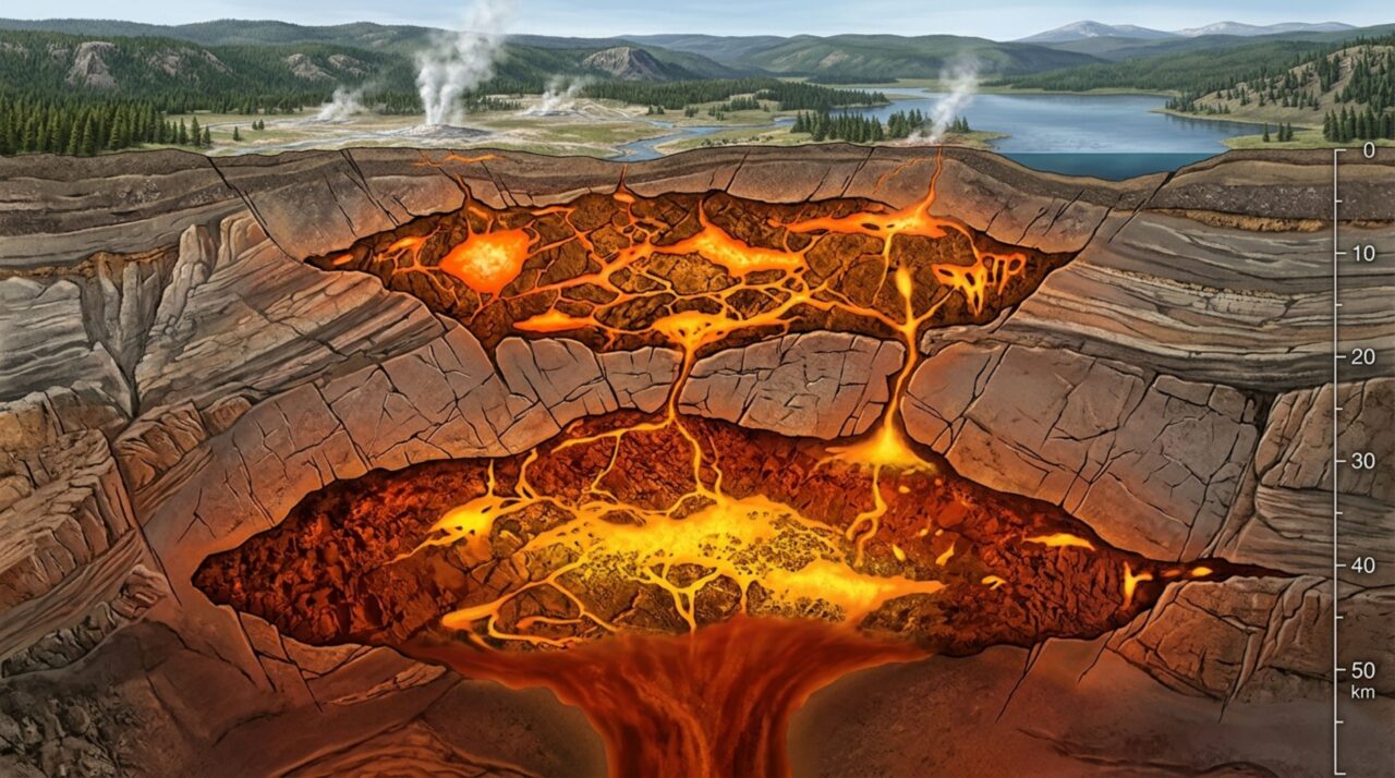 A tomografia sísmica revela em Yellowstone dois grandes reservatórios subterrâneos compostos sobretudo por rocha quente, cristais e frações localizadas de material fundido