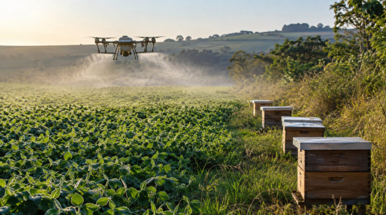 Produtor contrata drone para pulverizar a soja, o vento leva o defensivo até o apiário vizinho e 200 colmeias morrem em uma semana