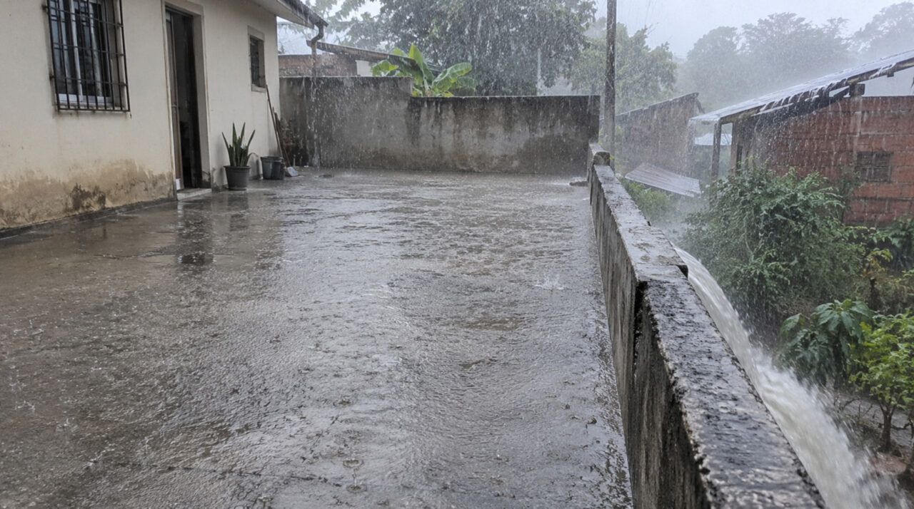 Homem concretiza todo o quintal para acabar com a lama, mas, após a primeira chuva forte, a água passa a escoar para o imóvel vizinho e invade a área de serviço