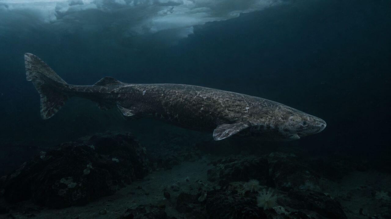 Nas águas escuras e geladas do Atlântico Norte e do Ártico, o Somniosus microcephalus segue uma estratégia muito diferente da imagem clássica de tubarões velozes