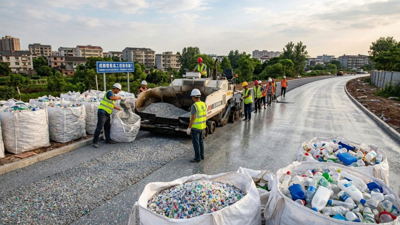 A China construiu sua primeira estrada de plástico em 2021 usando 6.000 garrafas de leite; O resultado transformou resíduos plásticos difíceis de reciclar em material útil para pavimentação