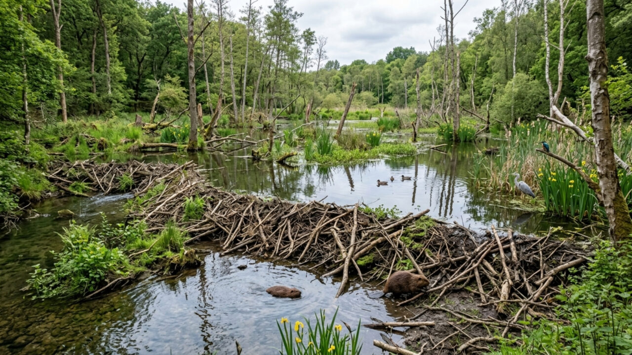 A Inglaterra colocou castores em uma floresta de Dorset em 2025; agora suas barragens transformaram florestas densas em áreas úmidas ricas em vida selvagem