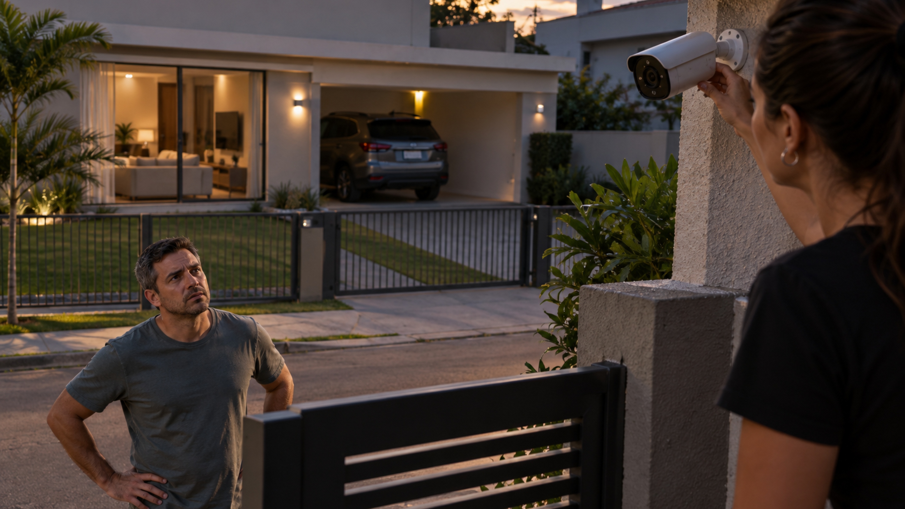 A nova vizinha instala uma câmera acima do portão e, poucos dias depois, quem mora em frente percebe que entrada, garagem e parte da sala aparecem no enquadramento