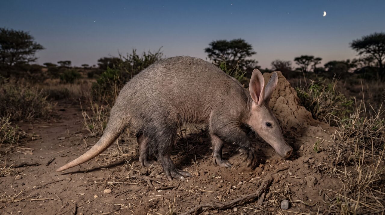 O mamífero escavador, que parece um cruzamento exótico de porco com tamanduá e usa garras poderosas para sumir na terra, fugindo de hienas