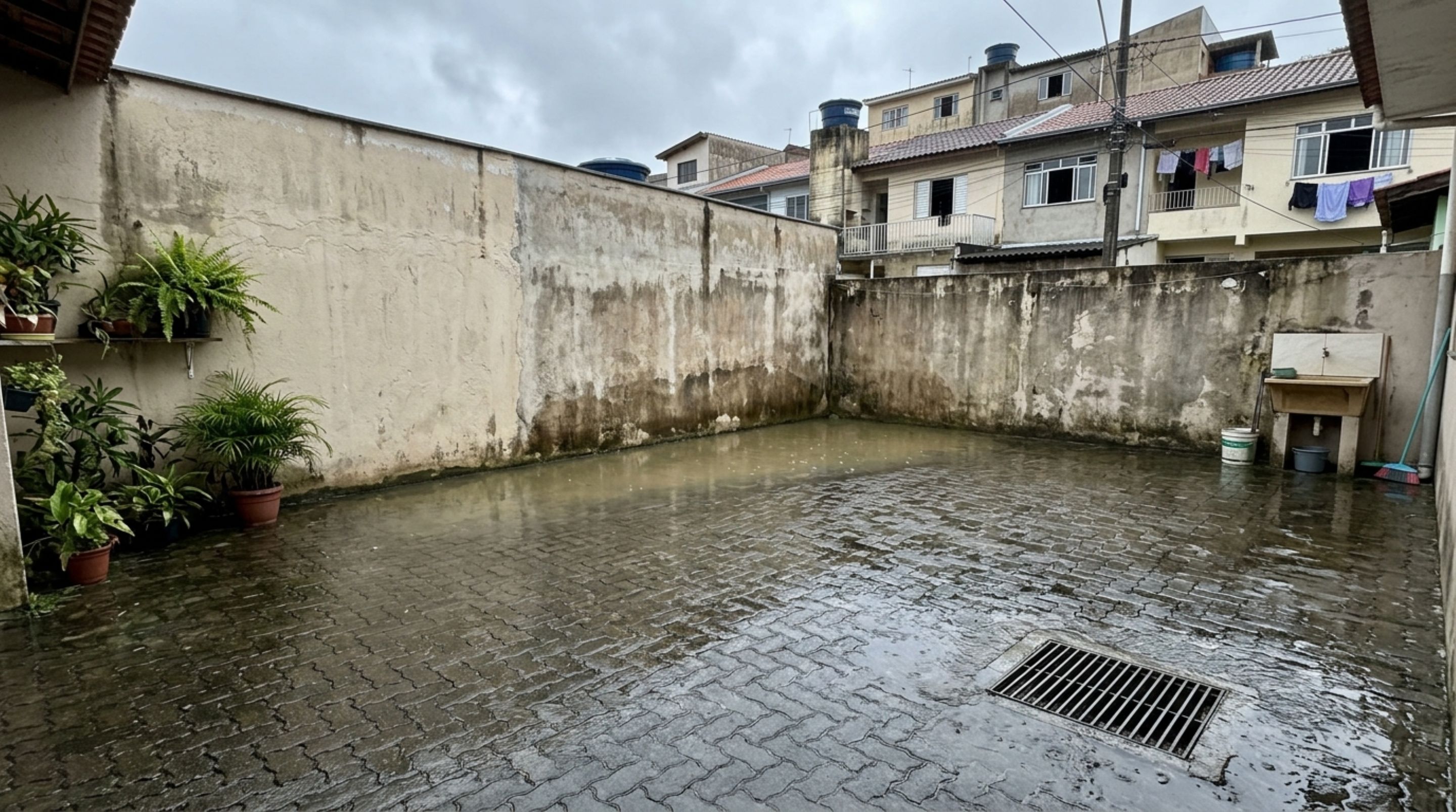 Casal instala piso impermeável em toda a área externa para facilitar a limpeza e, depois das chuvas, vizinho percebe novas manchas de umidade na base do muro