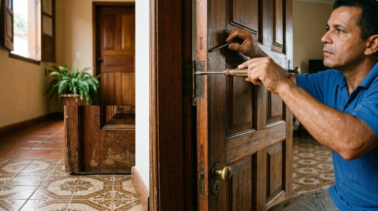 Marceneiro ensina técnica simples para corrigir porta raspando no chão sem trocar a estrutura inteira ou comprar uma porta nova