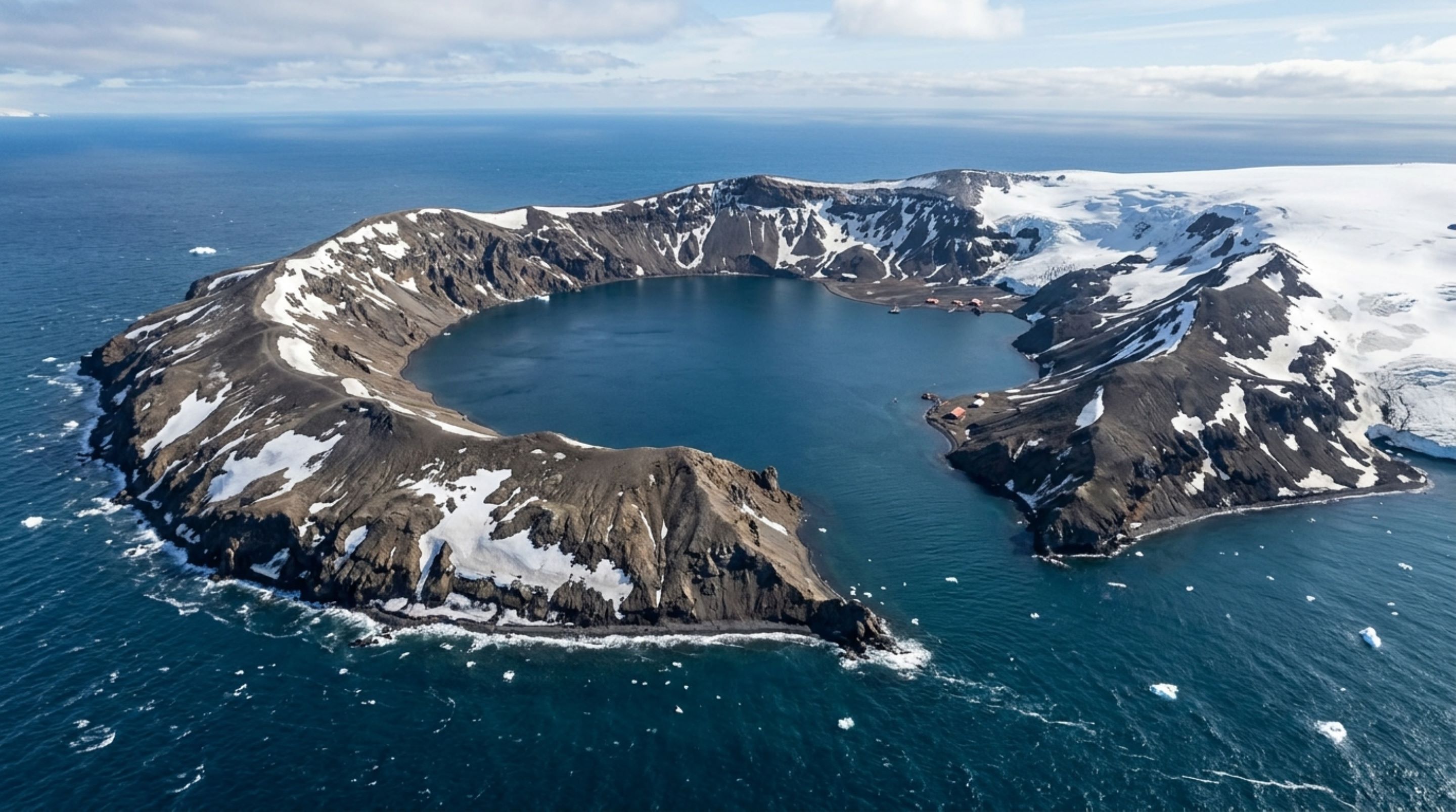 Uma ilha vulcânica nas Shetland do Sul guarda uma cratera onde o mar entrou e criou uma lagoa cercada por paredões quase verticais