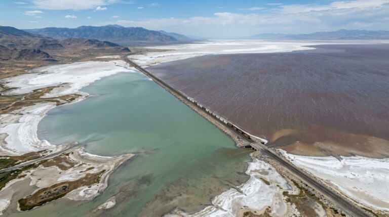 O Grande Lago Salgado apresenta diferentes condições de salinidade em seus braços.