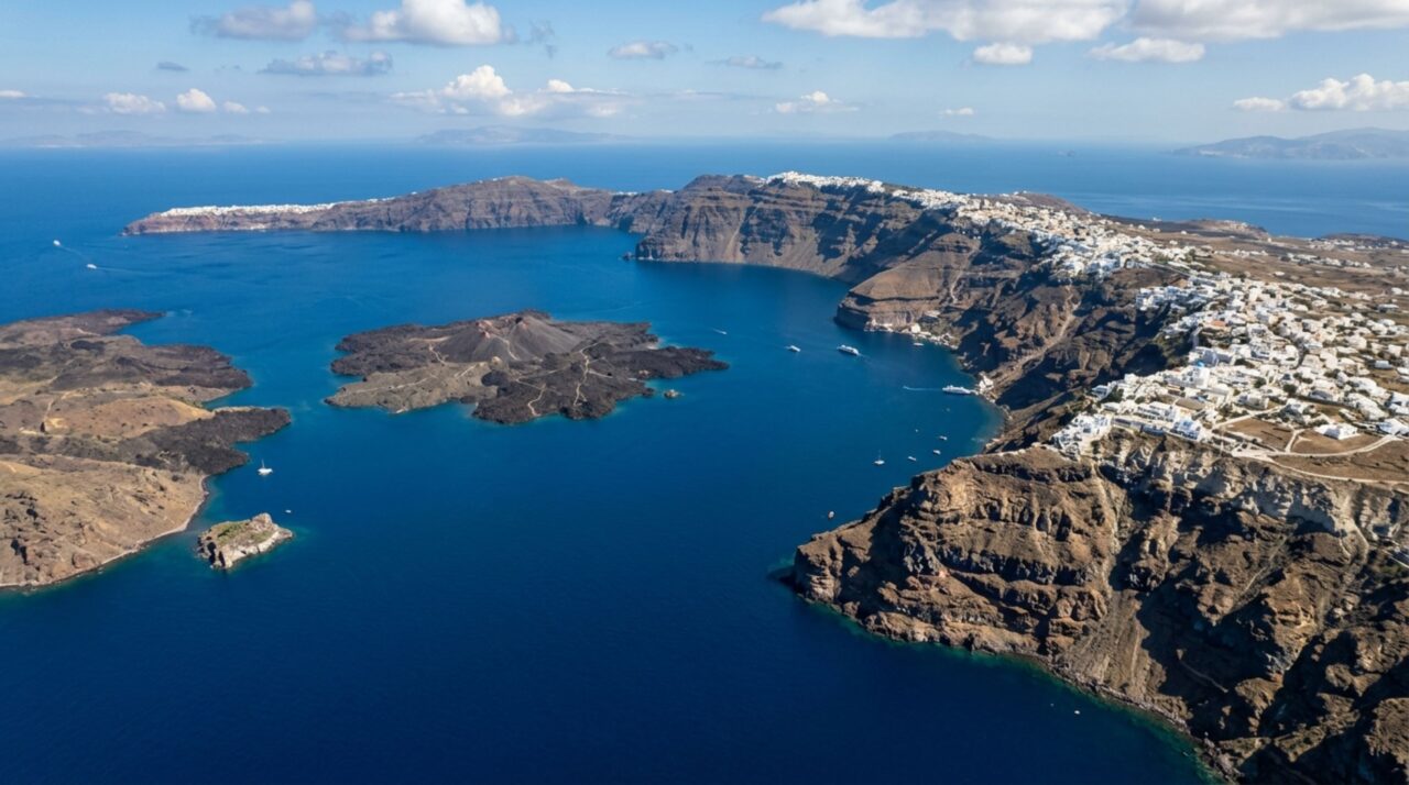 Uma ilha grega nasceu de erupções gigantes, teve o centro invadido pelo mar e hoje cidades brancas ocupam a borda de uma caldeira ainda ativa