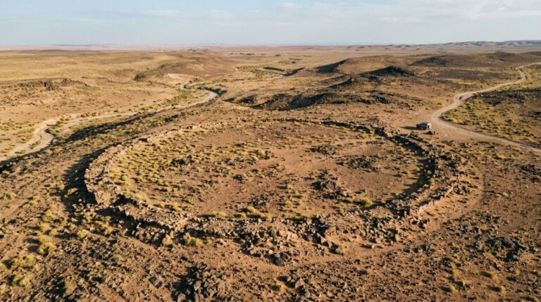 A perspectiva aérea revela a geometria dos grandes círculos de pedra espalhados pela paisagem jordaniana