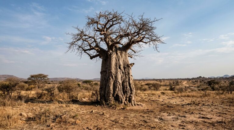 O baobá africano combina tecidos ricos em água com estratégias que reduzem drasticamente as perdas durante a estação seca