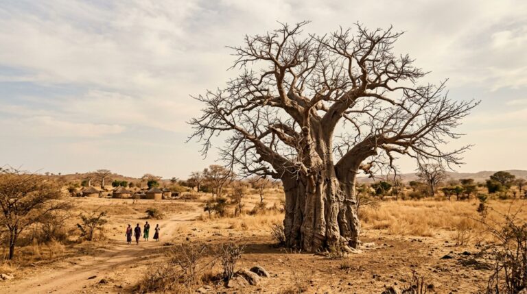 Baobá-africano com tronco largo adaptado ao armazenamento de água