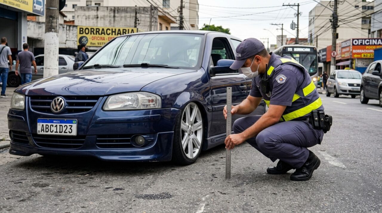 Motorista rebaixa a suspensão para melhorar o visual do carro e acaba tendo problema ao passar por uma fiscalização