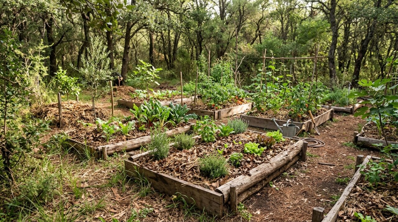 As hortas de Rukalaf Natura foram distribuídas em pontos protegidos pelo bosque para conservar umidade e reduzir intervenções no terreno