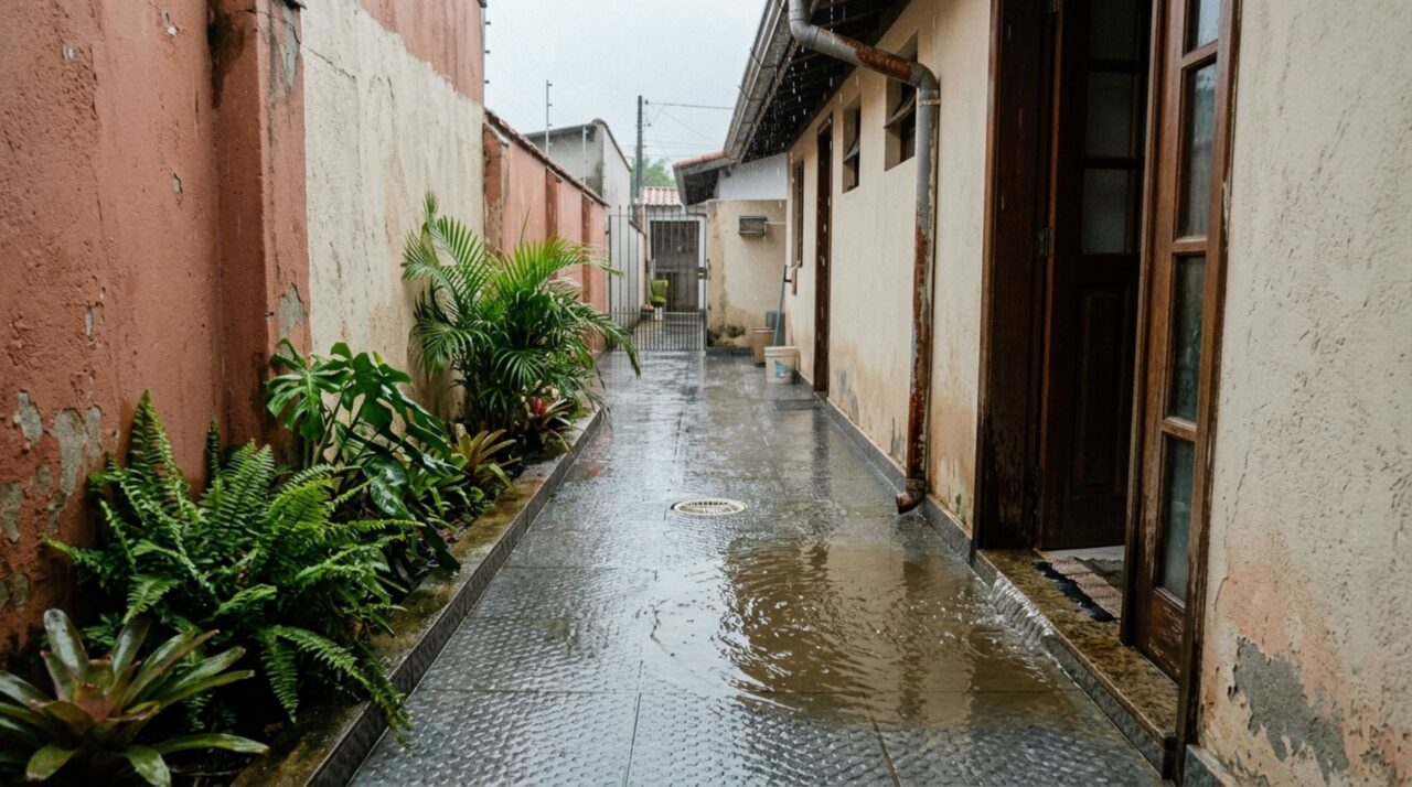 Família instala piso antiderrapante em todo o corredor e, na primeira chuva, descobre que a água passou a entrar pela porta da cozinha