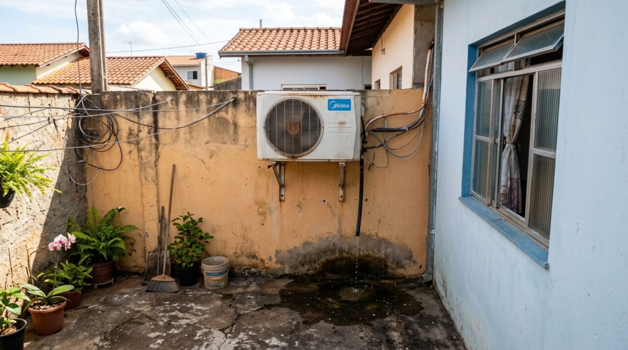Casal retorna de viagem e descobre condensadora de ar-condicionado instalada no muro da divisa, com ruído e água caindo perto da janela