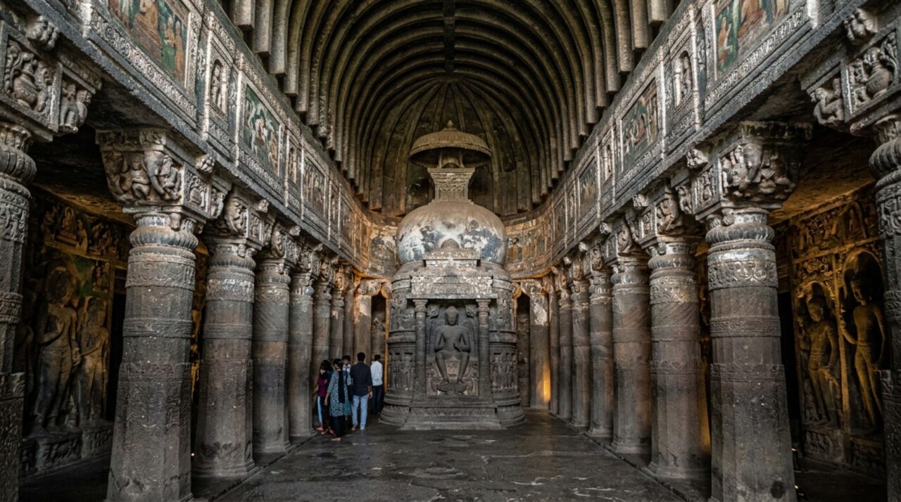 Os interiores de Ajanta combinam arquitetura rupestre, pinturas e esculturas budistas