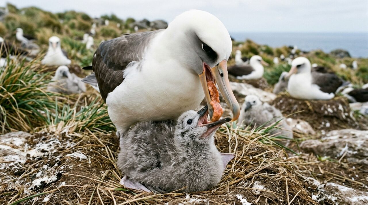 Refeições regurgitadas e ricas em energia ajudam o filhote de albatroz a acumular reservas durante os longos intervalos entre as viagens dos adultos