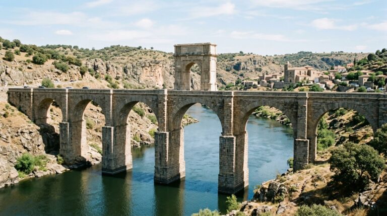 A Ponte de Alcántara combina grandes blocos de granito e arcos romanos que transferem as cargas principalmente por compressão