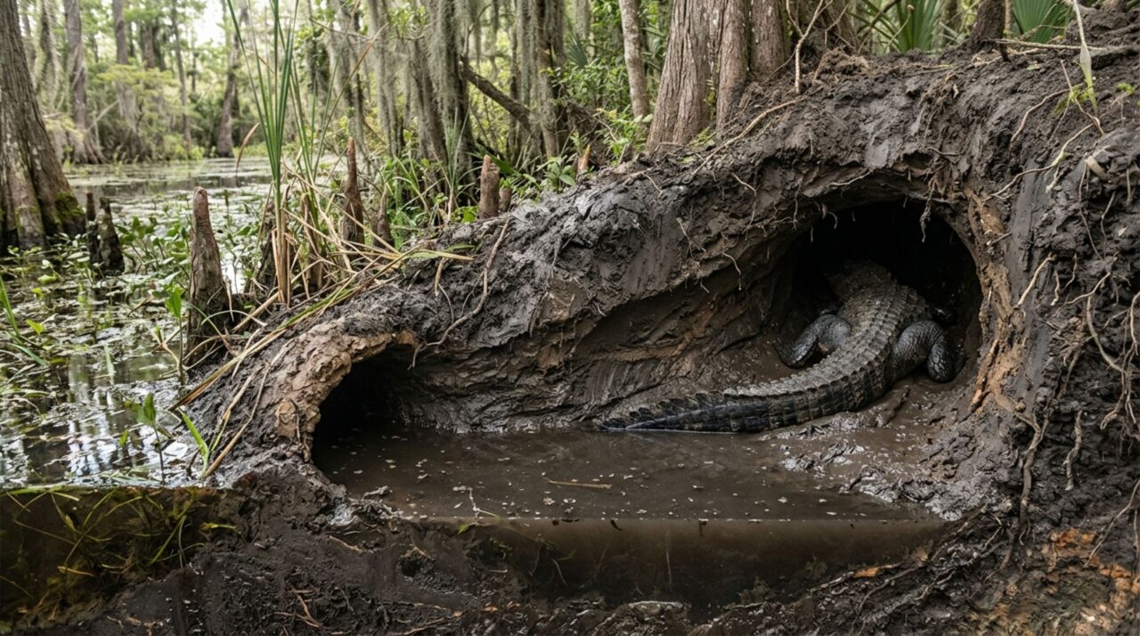 As tocas do jacaré-americano podem formar cavidades alongadas no barro e oferecer abrigo mais estável diante de frio, calor ou redução do nível da água