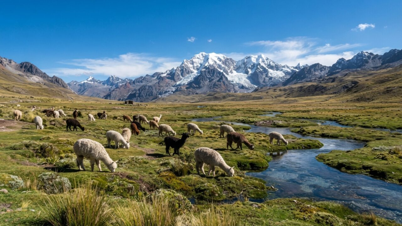 Uma alpaca pisa em campos delicados sem destruir a vegetação porque seus pés funcionam de forma diferente dos cascos comuns