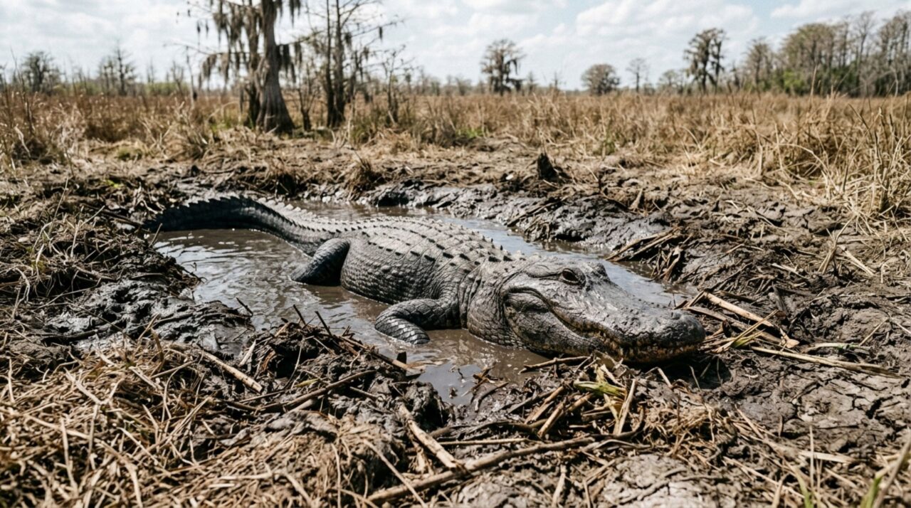 Jacaré-americano consegue cavar túneis de até 20 metros para se proteger quando o calor ou o frio ficam extremos e pode permanecer escondido em estruturas parcialmente cheias de água