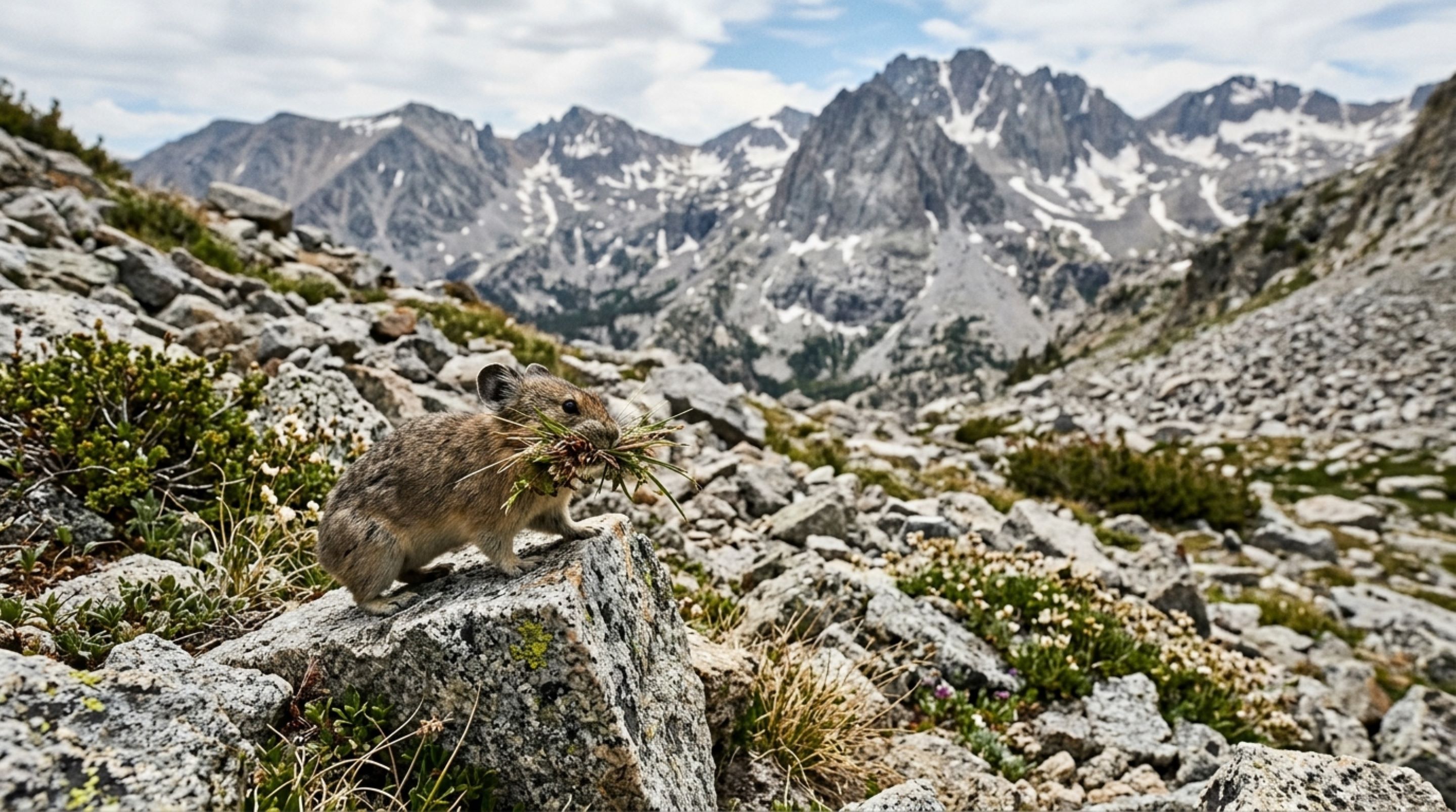 Um pequeno parente dos coelhos passa o inverno entre pedras usando pilhas de plantas secas como despensa