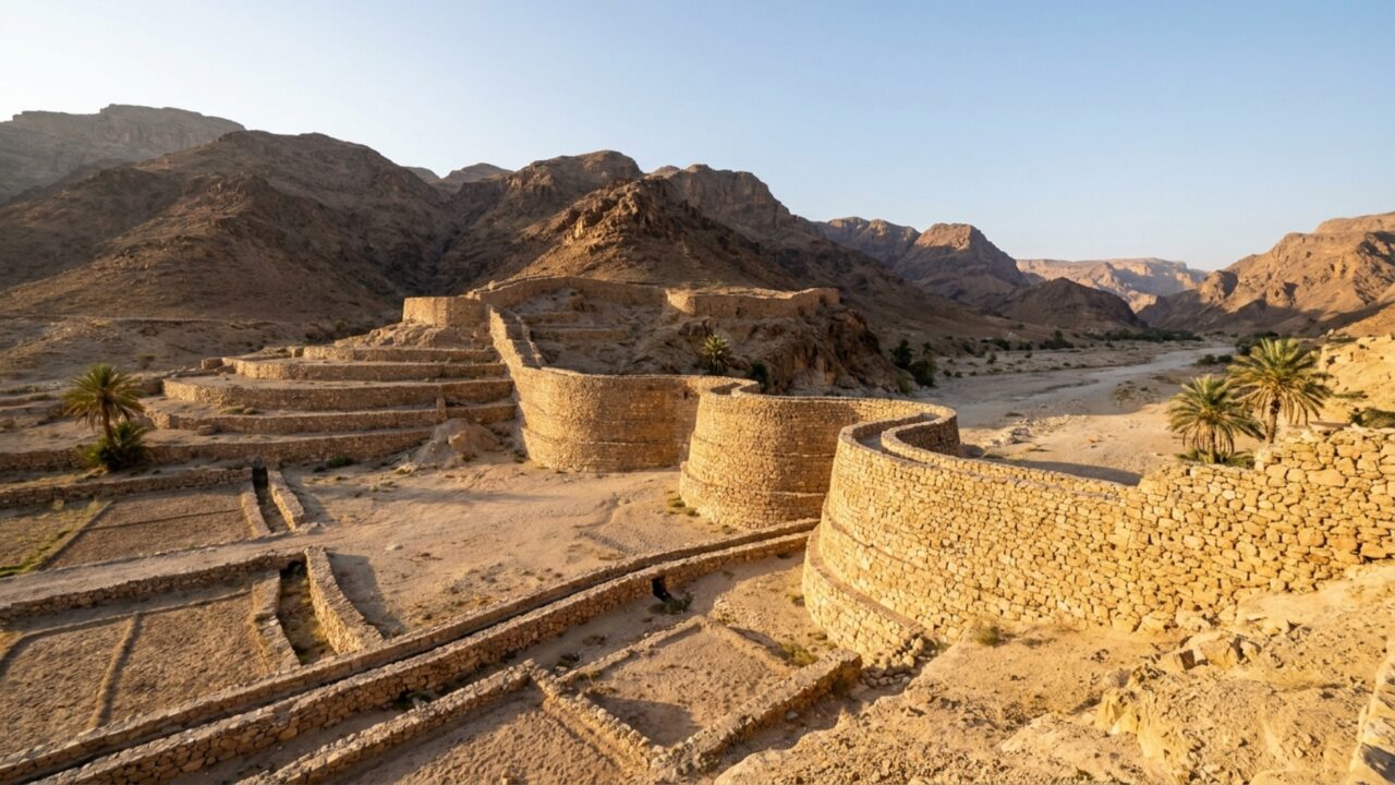 Canais de pedra atravessavam o deserto para levar enxurradas até campos de uma antiga capital que cresceu entre montanhas e dunas