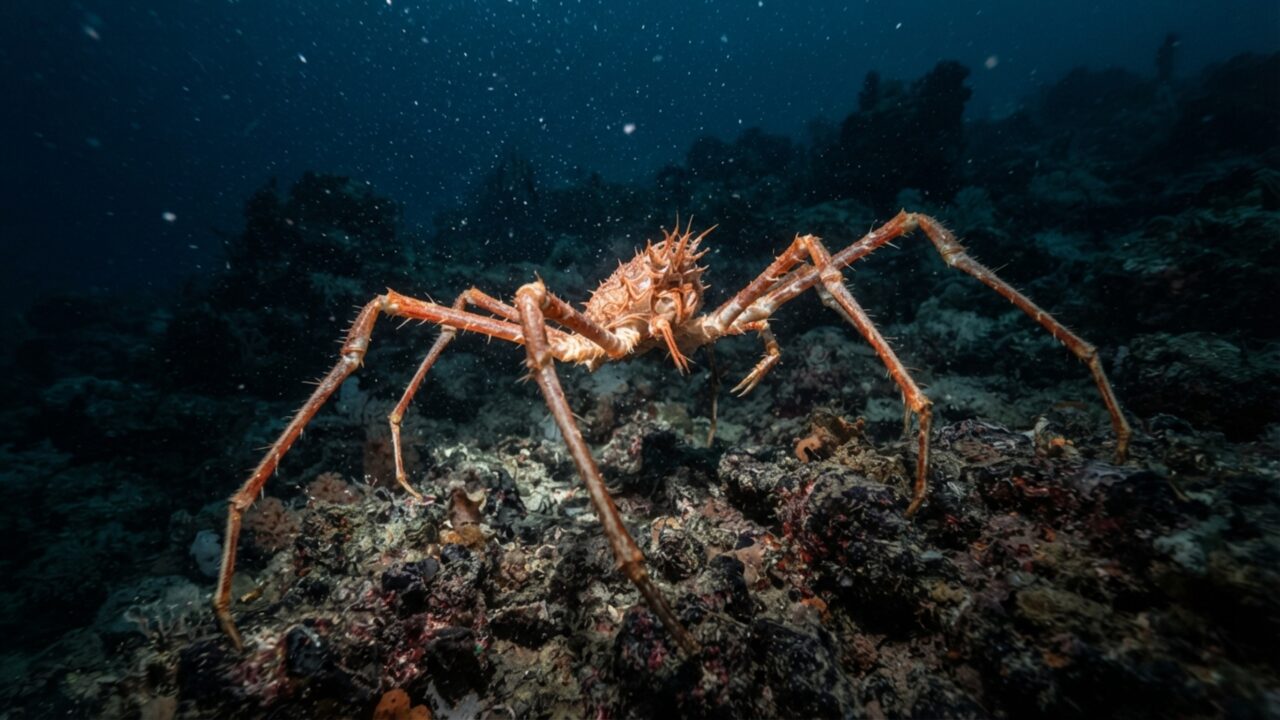 Uma aranha-marinha pode medir quase um metro de ponta a ponta: pernas enormes carregam um corpo minúsculo pelo fundo do oceano