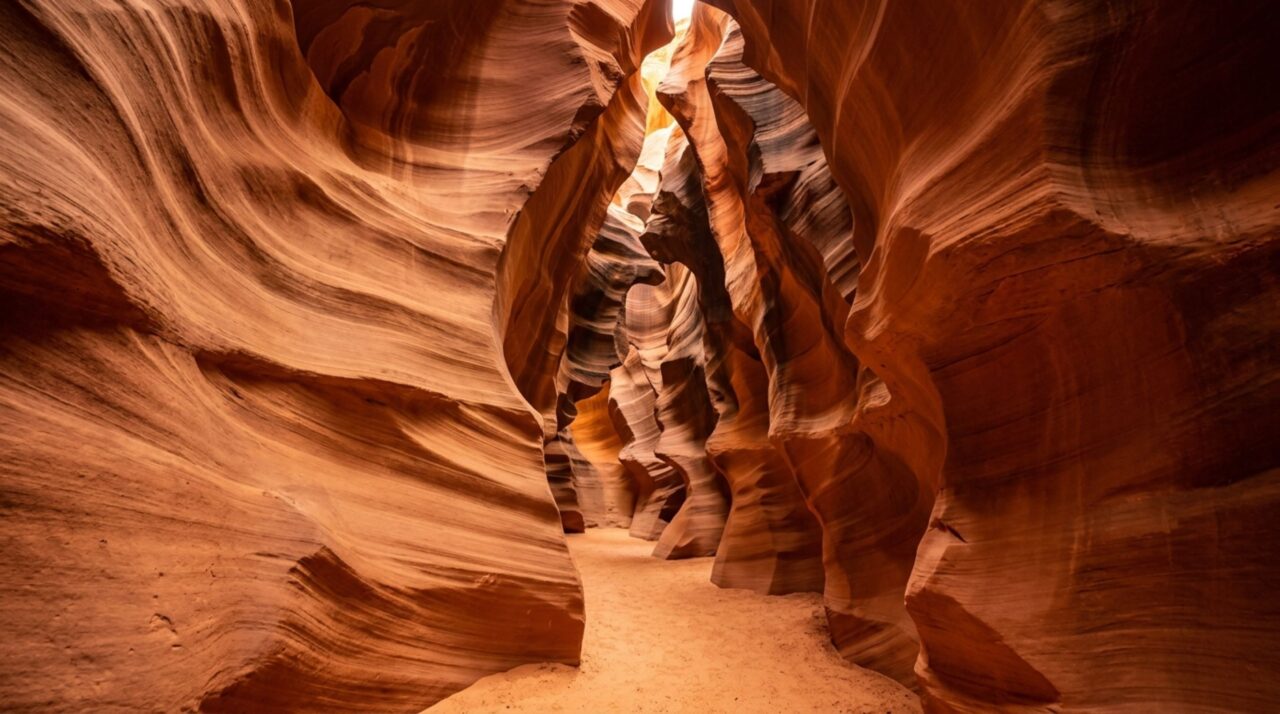 O desfiladeiro estreito do Antelope Canyon mostra como a água e a abrasão moldaram a rocha sedimentar