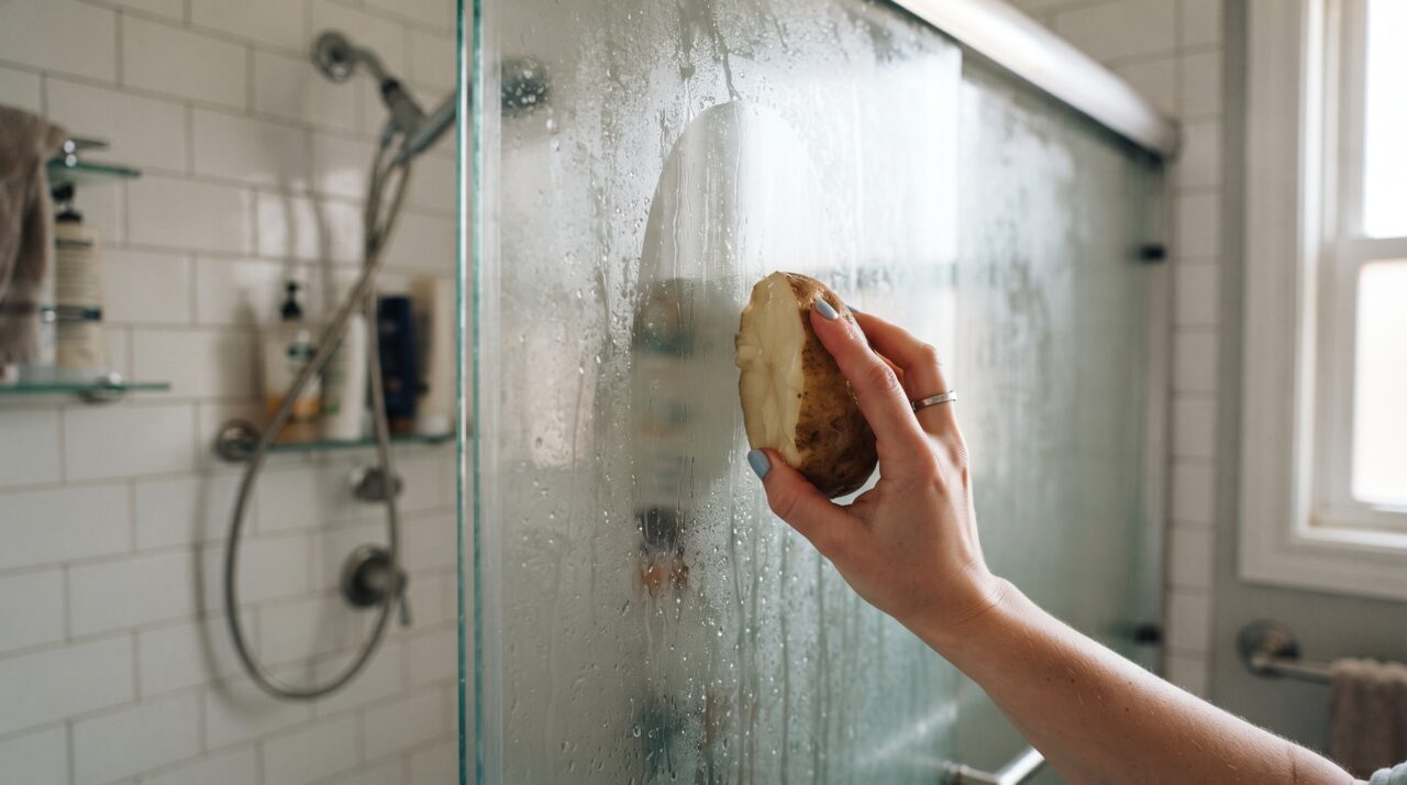 Aplicação de batata crua na superfície de vidro do banheiro.