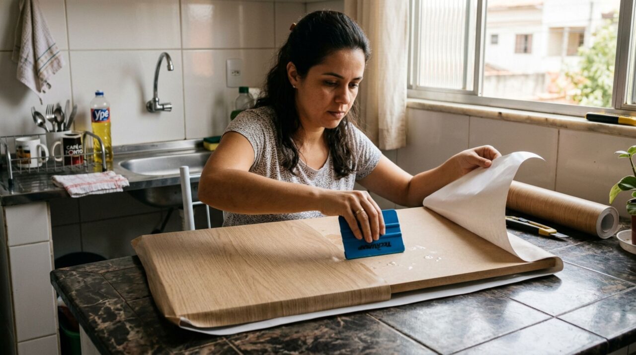 Sem trocar os armários nem contratar marceneiro: uma forma de renovar a cozinha usando revestimento vinílico nas portas