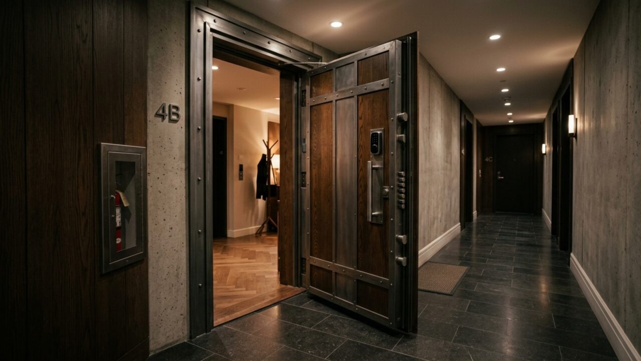 Moradora troca porta do apartamento por modelo blindado que abre para fora e passa a bloquear a entrada do vizinho sempre que é utilizada