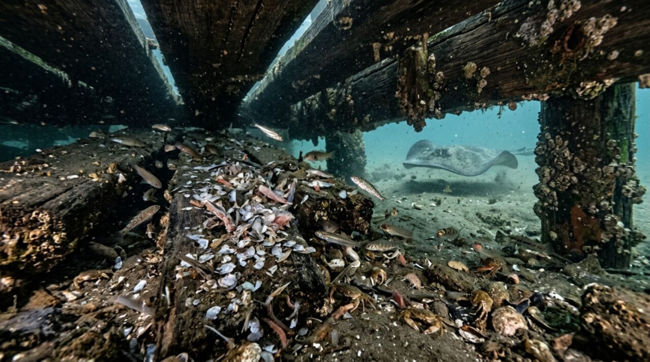 Os resíduos de pescado podem concentrar pequenos organismos junto à doca e criar um microambiente de alimentação explorado por arraias e outras espécies