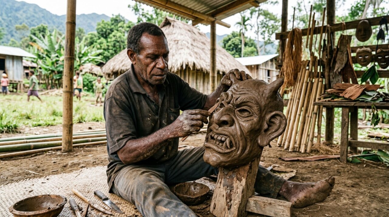 A tradição dos Asaro Mudmen também se preserva no trabalho artesanal de fabricação das máscaras