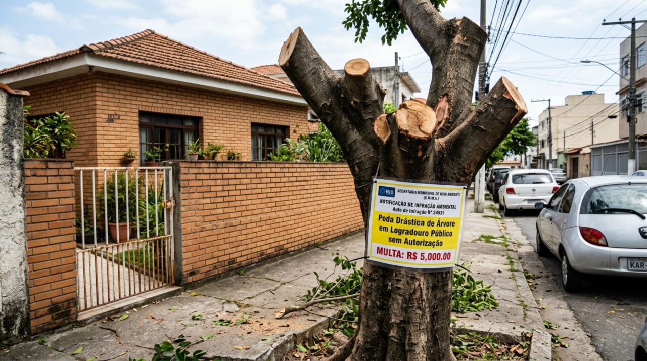 Idoso poda a árvore em frente à sua casa, achando que pertencia a ele, fiscalização aparece, multa o morador em R$ 5 mil e explica por que não se deve podar ou derrubar árvores nem mesmo em terrenos privados