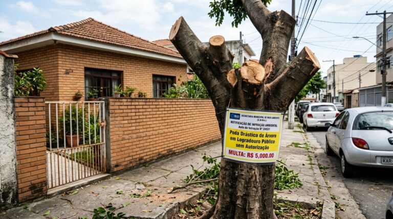 Idoso poda a árvore em frente à sua casa, achando que pertencia a ele, fiscalização aparece, multa o morador em R$ 5 mil e explica por que não se deve podar ou derrubar árvores nem mesmo em terrenos privados