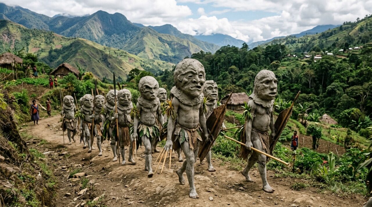 O povo de Papua-Nova Guiné que usa enormes máscaras de barro e transformou uma antiga tradição das montanhas em um dos símbolos culturais mais marcantes da Oceania
