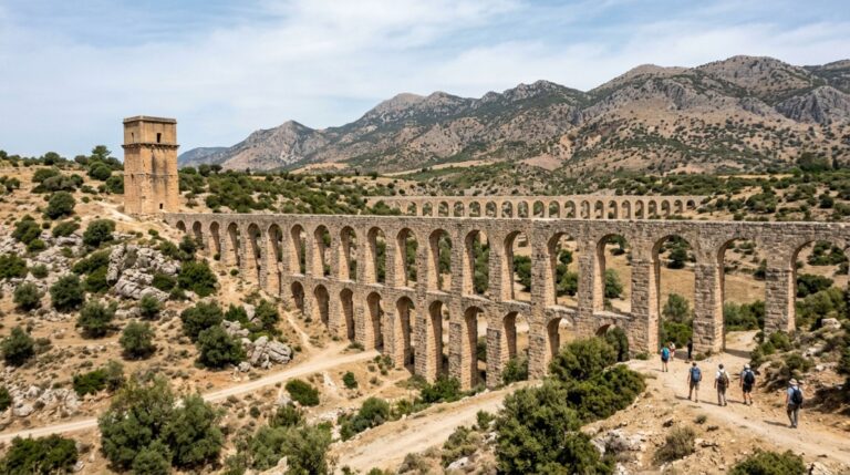 Arcadas e torre hidráulica do aqueduto de Aspendos atravessando o vale