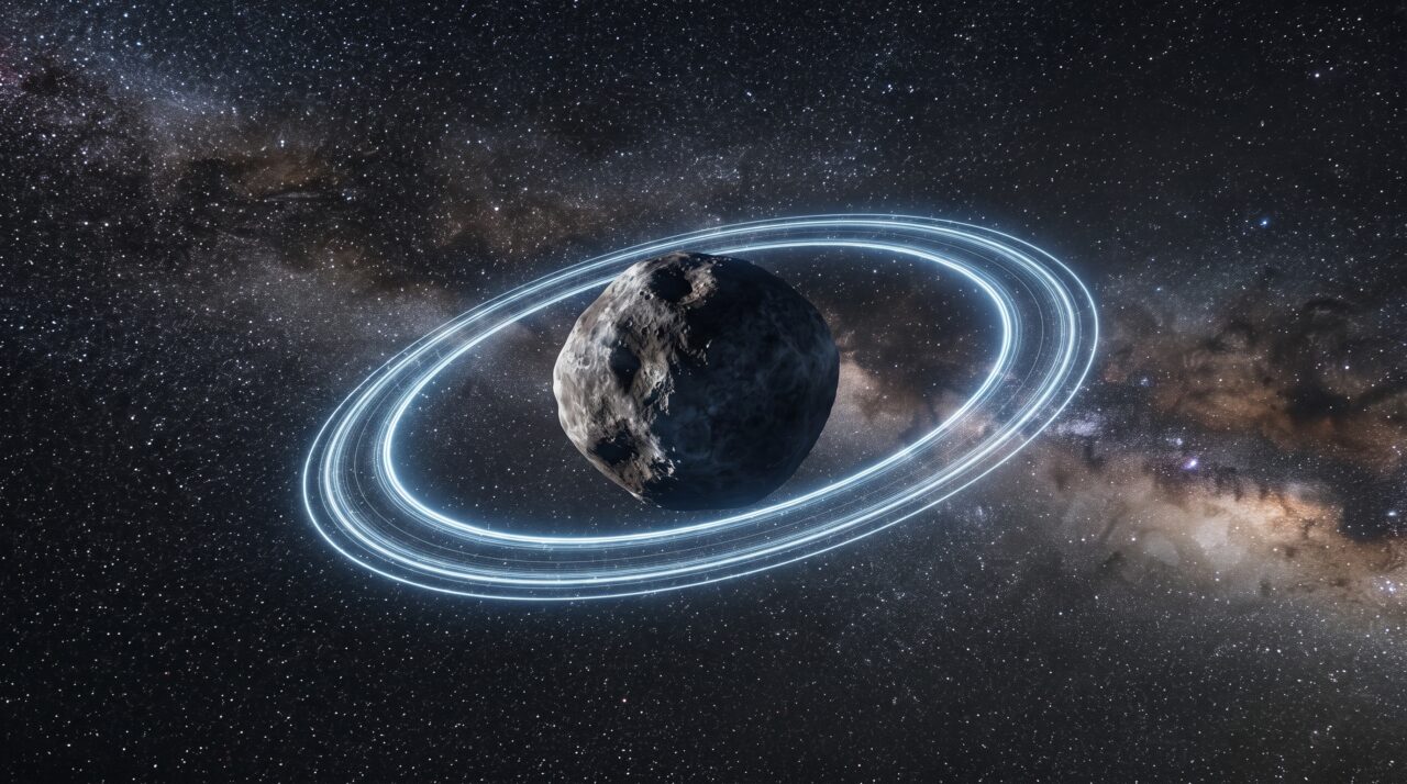 Anéis não são exclusividade de planetas gigantes: Chariklo, um corpo gelado com apenas cerca de 250 quilômetros de diâmetro menos do que a extensão da Tasmânia, possui dois anéis estreitos