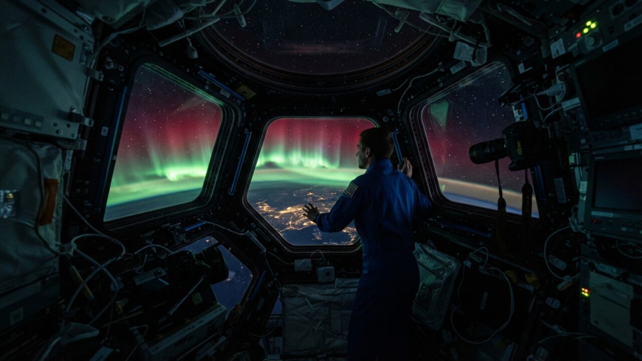 Um brilho roxo apareceu acima da Terra e a astronauta apontou a câmera: aurora mistura cores a 411 km de altitude