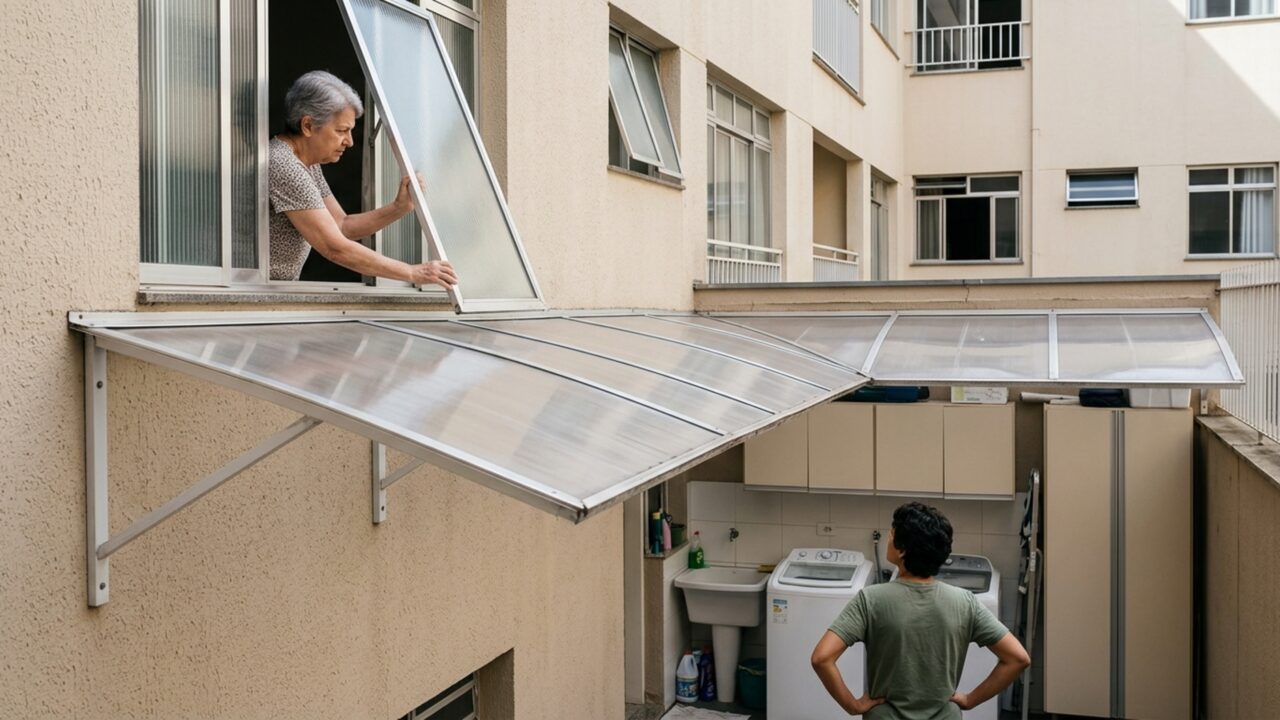 Quem mora no térreo instala uma cobertura para parar de molhar a lavanderia e vizinha do andar de cima descobre que perdeu espaço para abrir completamente sua janela