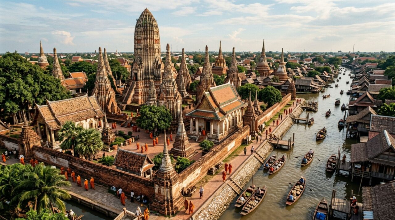 Os prang, mosteiros e canais de Ayutthaya mostram como religião, circulação e organização urbana estavam integradas na antiga capital siamesa