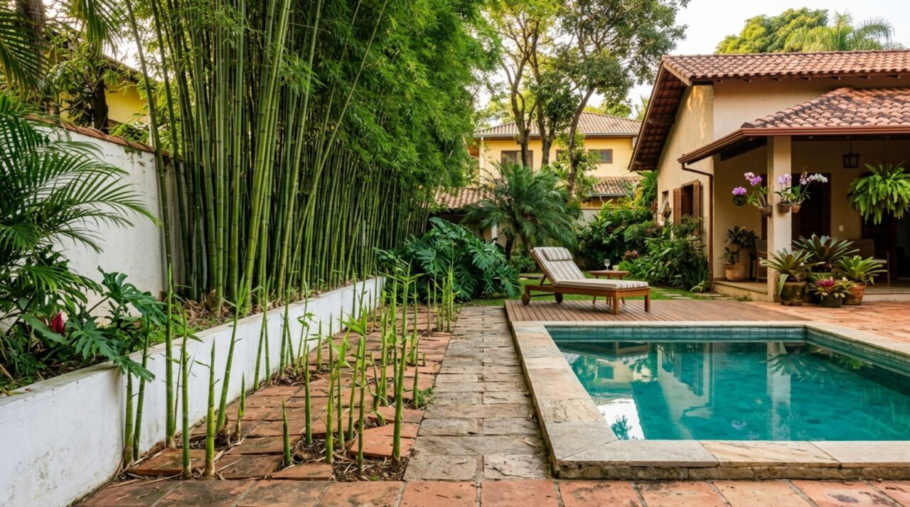 Casal planta bambus para esconder a área da piscina e, seis anos depois, o vizinho encontra brotos surgindo sob o piso do próprio quintal e exige uma barreira subterrânea